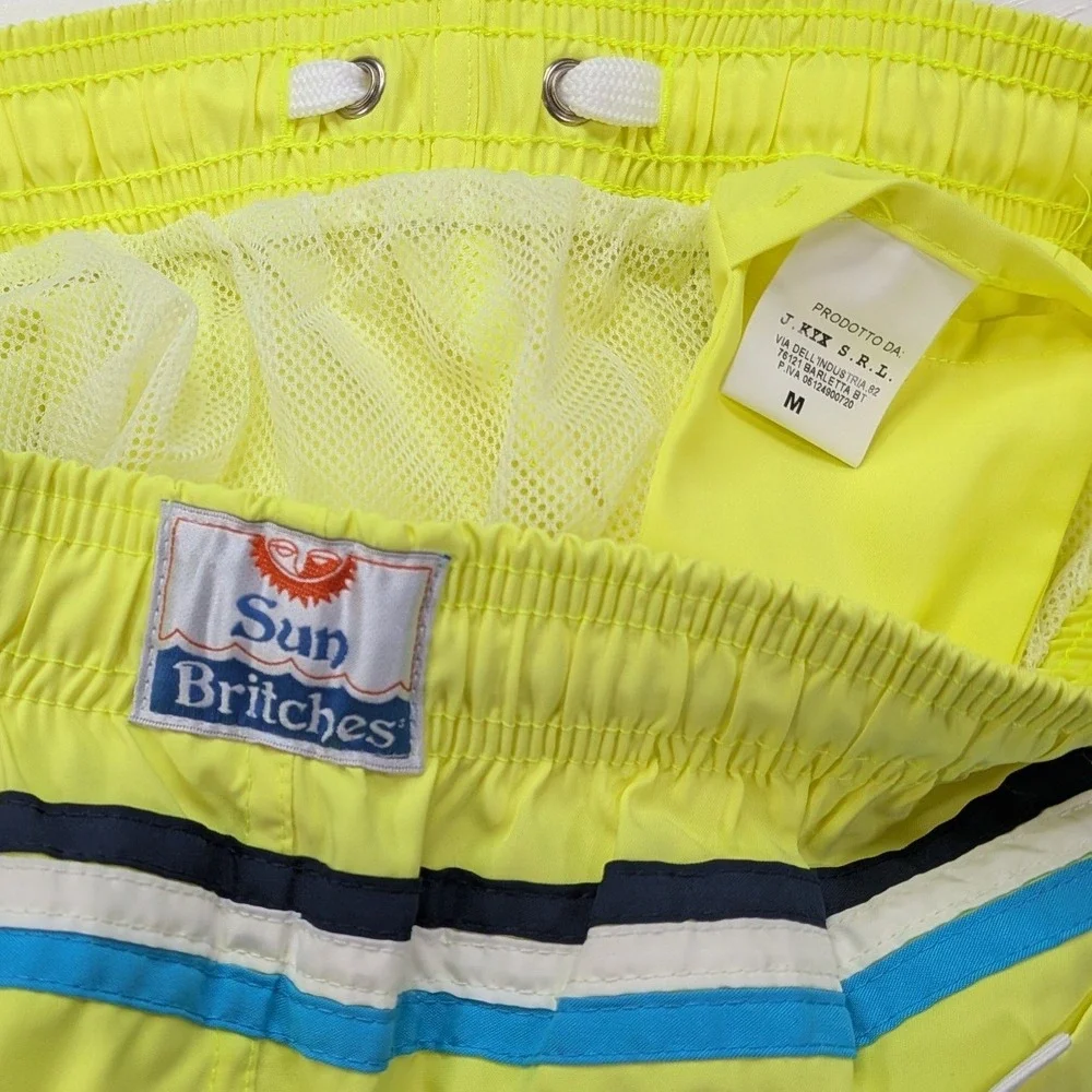 Vintage 80s Sun Britches Swim Trunks Mens M Neon Yellow Stripe NWOT